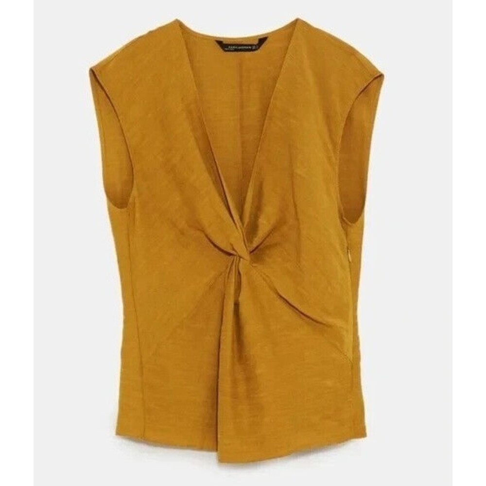 Zara Small Knotted Top Mustard Yellow V-Neck Sleeveless Linen Blend Classicore - Picture 14 of 15